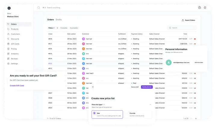 Medusa orders dashboard screenshot