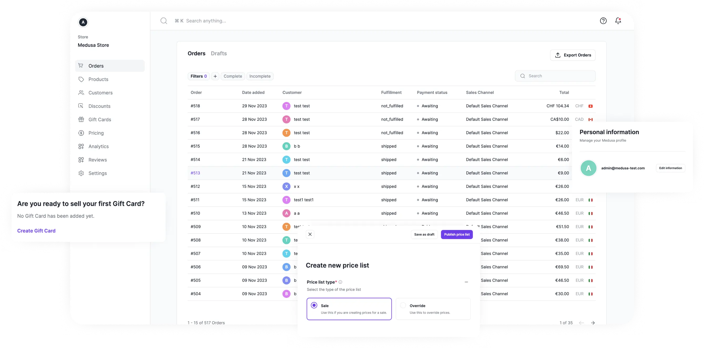 Medusa orders dashboard screenshot