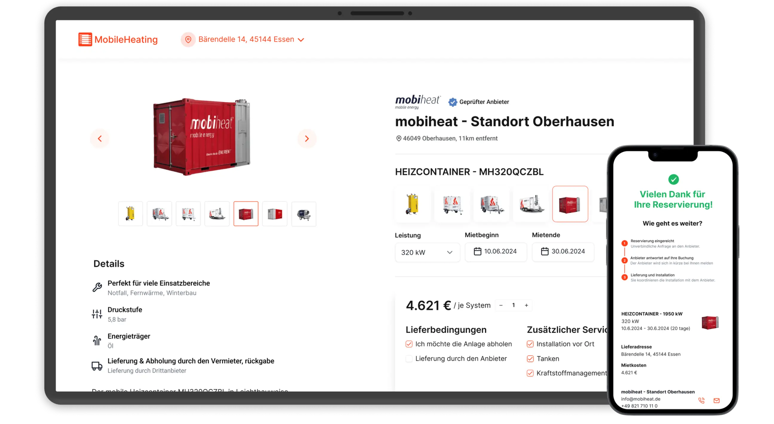 MobileHeating site screenshots on desktop and mobile